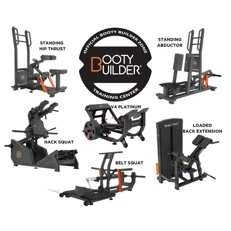 Infographie présentant l'ensemble des machines de musculation fessiers Booty Builder Zone (Hip Thrust, Abductor, Squat, Kick Back, Step-Up) proposées par Fitspro.