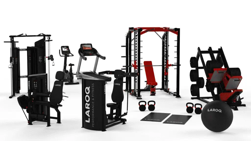 Gamme complète d'équipements Laroq : machines de musculation, tapis de course, cage à squat, presse à cuisses et accessoires fitness - Fitspro Equipement