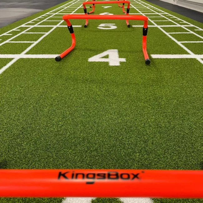Piste de cross-training en gazon synthétique vert avec marquage numérique au sol, équipée de haies d'agilité - Fitspro Equipement