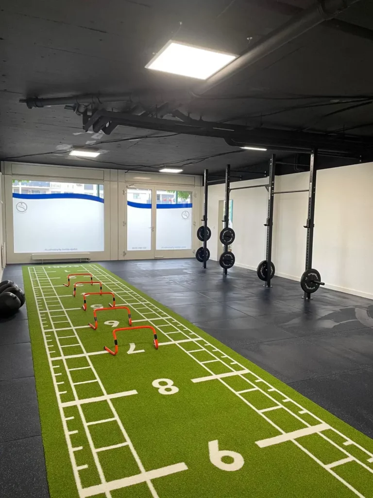 Haies d'agilité disposées sur un parcours d'entraînement en salle de fitness - Fitspro Equipement