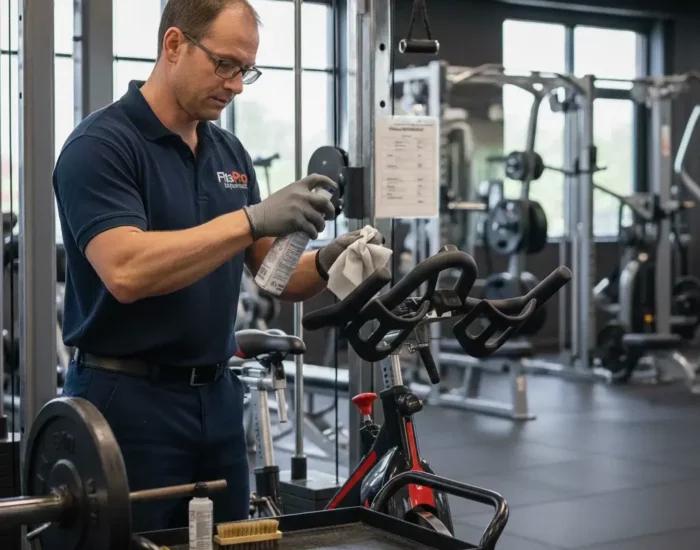 Un technicien sur un équipement de fitness pour en assurer la maintenance - Fitspro Equipement