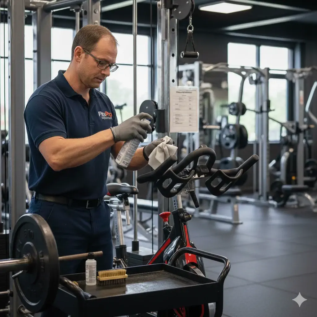 Un technicien sur un équipement de fitness pour en assurer la maintenance - Fitspro Equipement