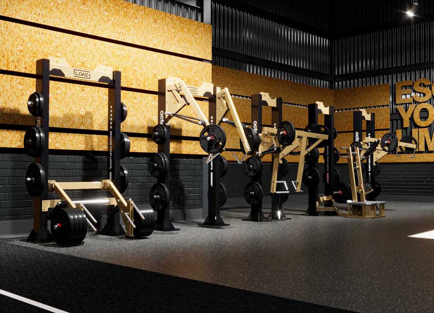 Plateau de force haut de gamme avec plusieurs machines de musculation à charge guidée de la gamme LOAD par Escape Fitness - Fitspro Equipement