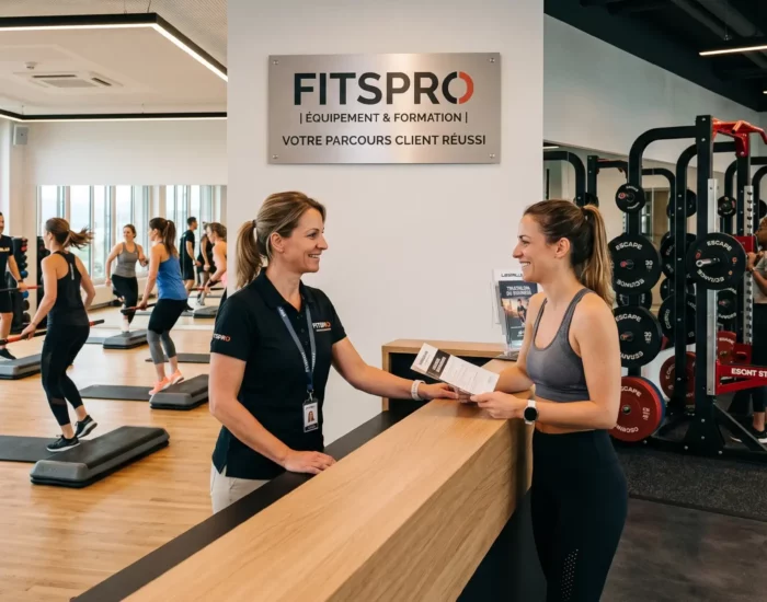 Accueil à la réception d'un club de fitness équipé par Fitspro, avec un cours collectif Les Mills et une zone de musculation en arrière-plan.