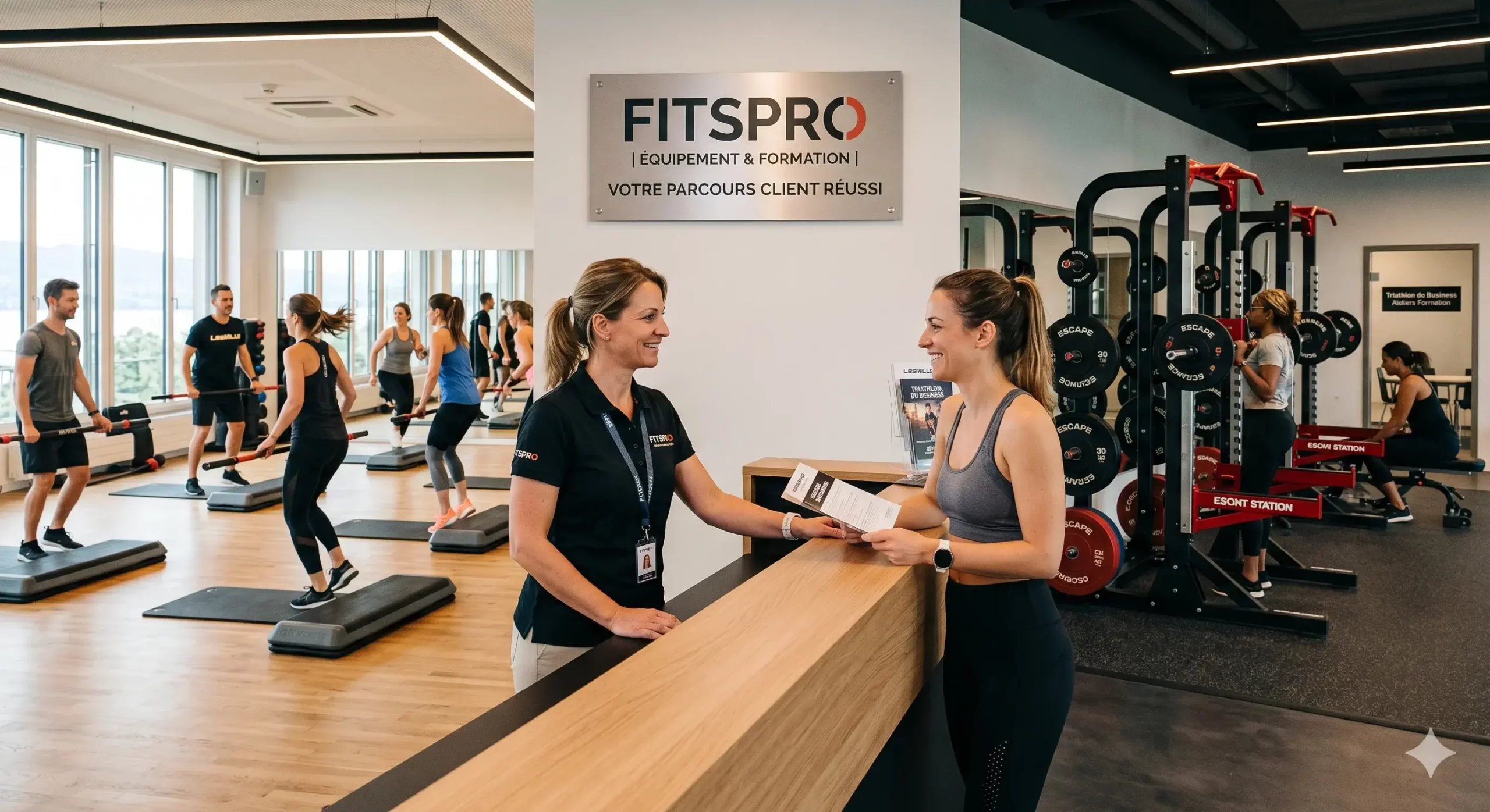 Accueil à la réception d'un club de fitness équipé par Fitspro, avec un cours collectif Les Mills et une zone de musculation en arrière-plan.