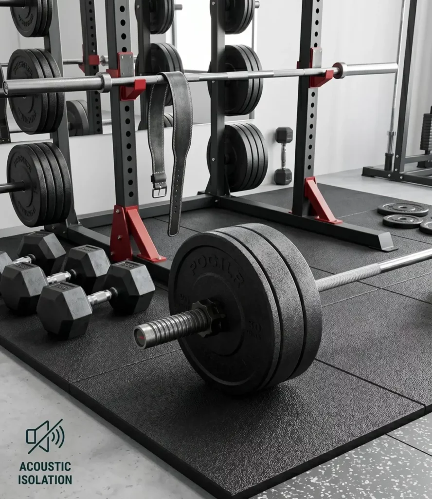 Sol pour espace de musculation avec poids libres, haltères et rack de force - Fitspro Equipement