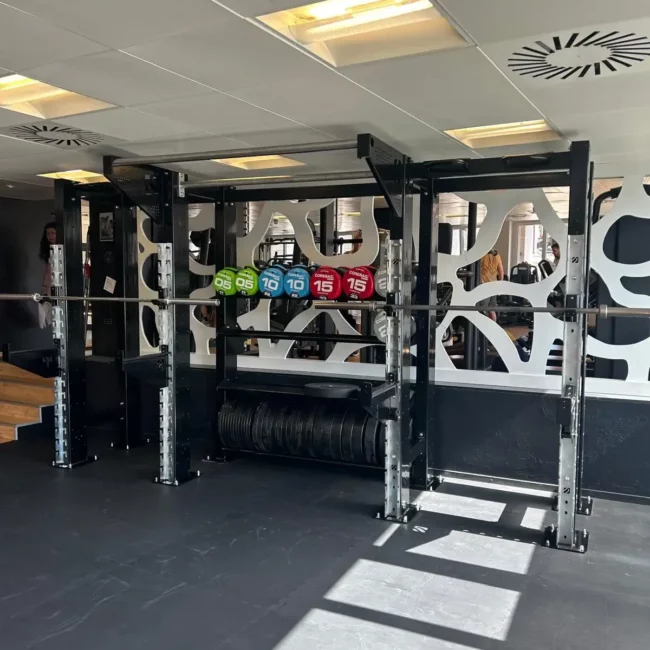 Espace de musculation professionnel équipé de racks à squats, barres olympiques, disques de poids et sacs de frappe - Fitspro Equipement