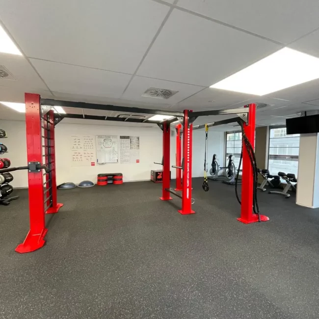 Cage de cross-training professionnelle rouge Escape Octagon avec échelle, sangles de suspension et rack de médecine-balls.