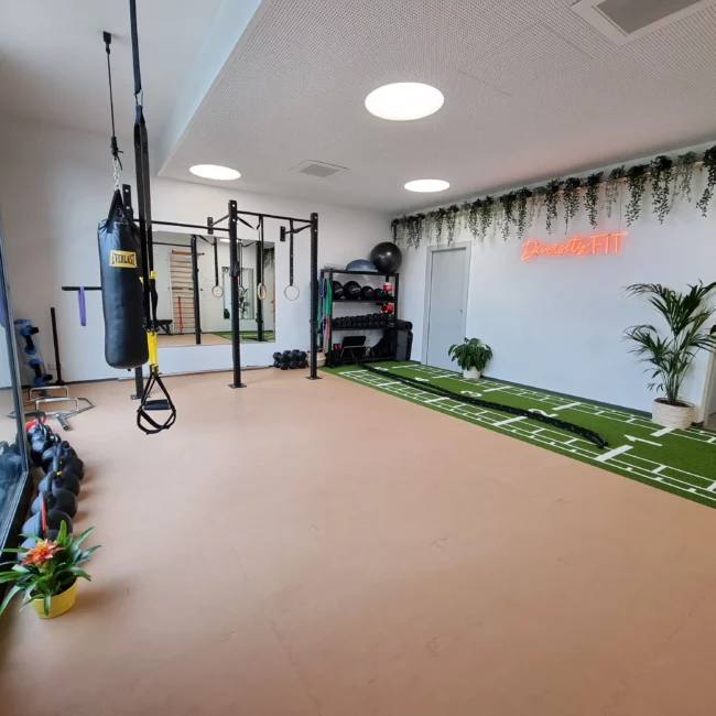 Vue d'ensemble de la salle Diversity FIT équipée par Fitspro avec sol Pavigym, piste Turf, cage de cross-training.