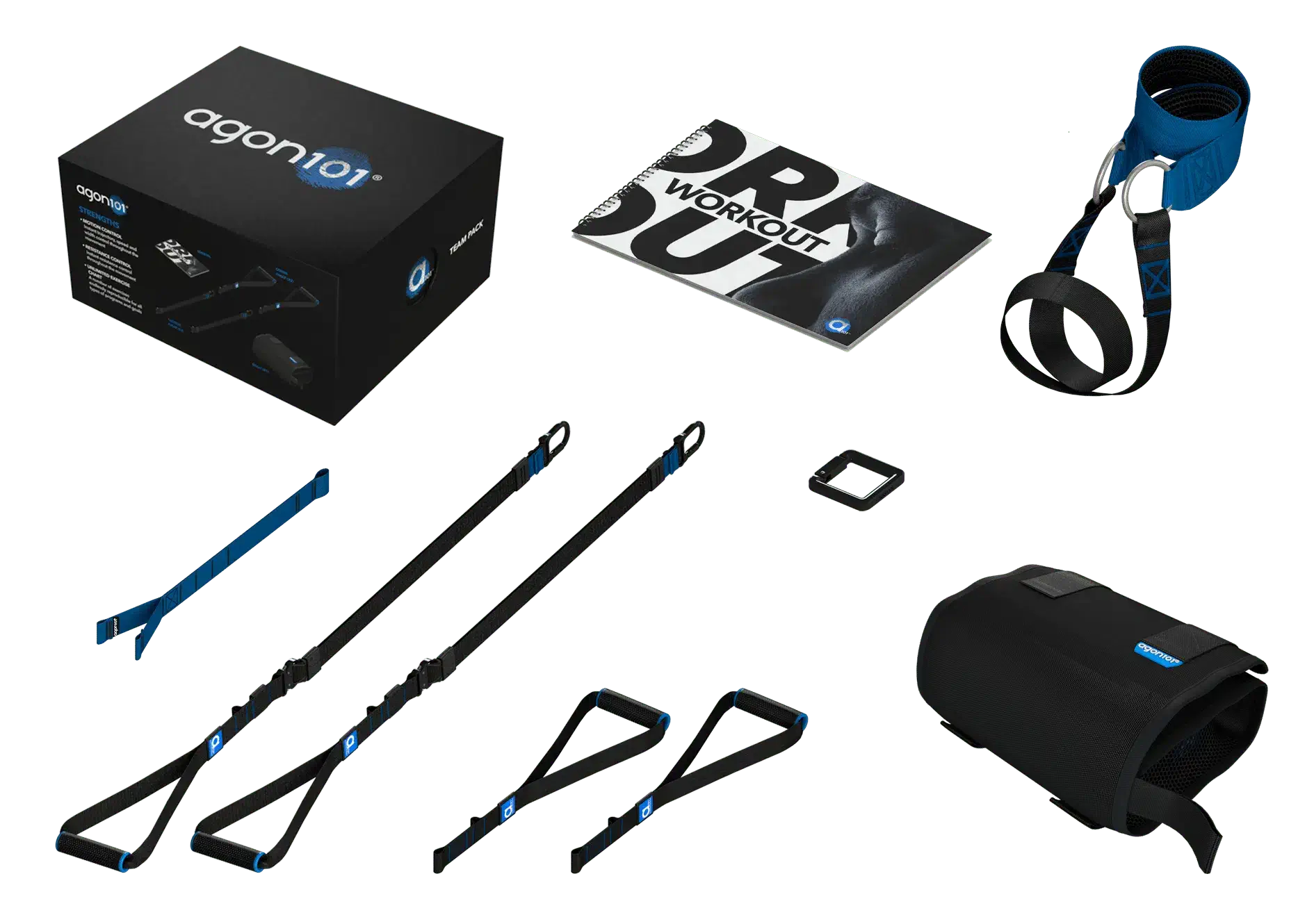 Vue d'ensemble du Pack Team Agon 101 incluant le coffret, la boîte d'emballage, le guide d'entraînement, les sangles de suspension, les poignées, la sangle d'ancrage et le sac de transport.